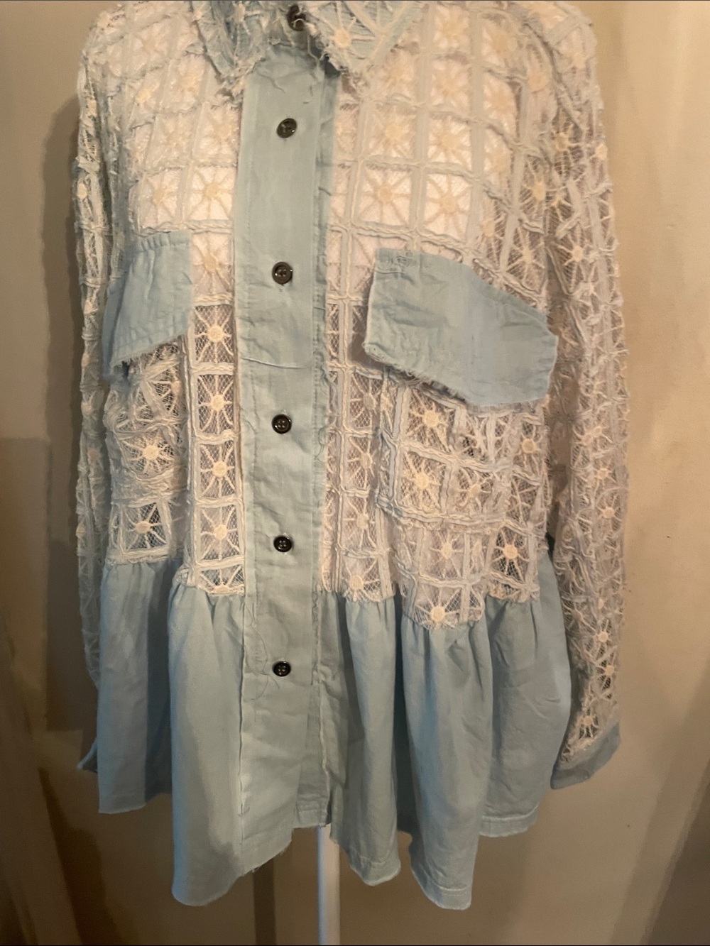 POL Light Blue and White Crochet Button-Up Peplum Top